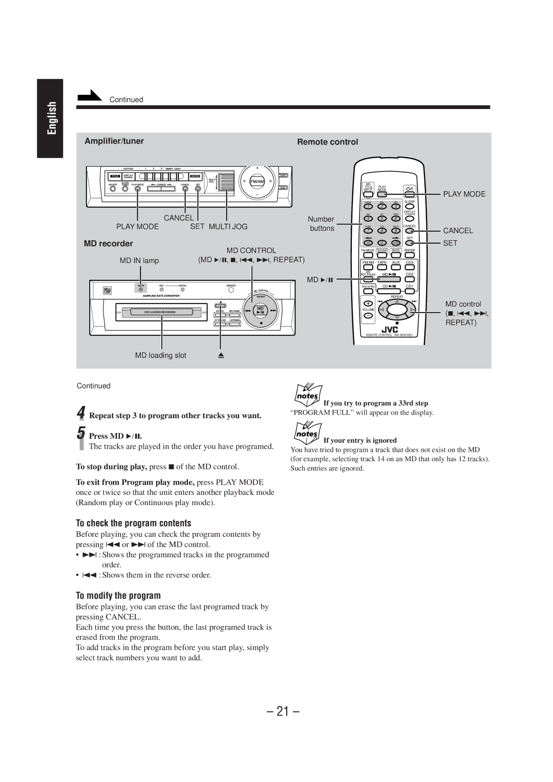 JVC CA-MD70 manual Repeat to program other tracks you want Press MD, MD recorder 