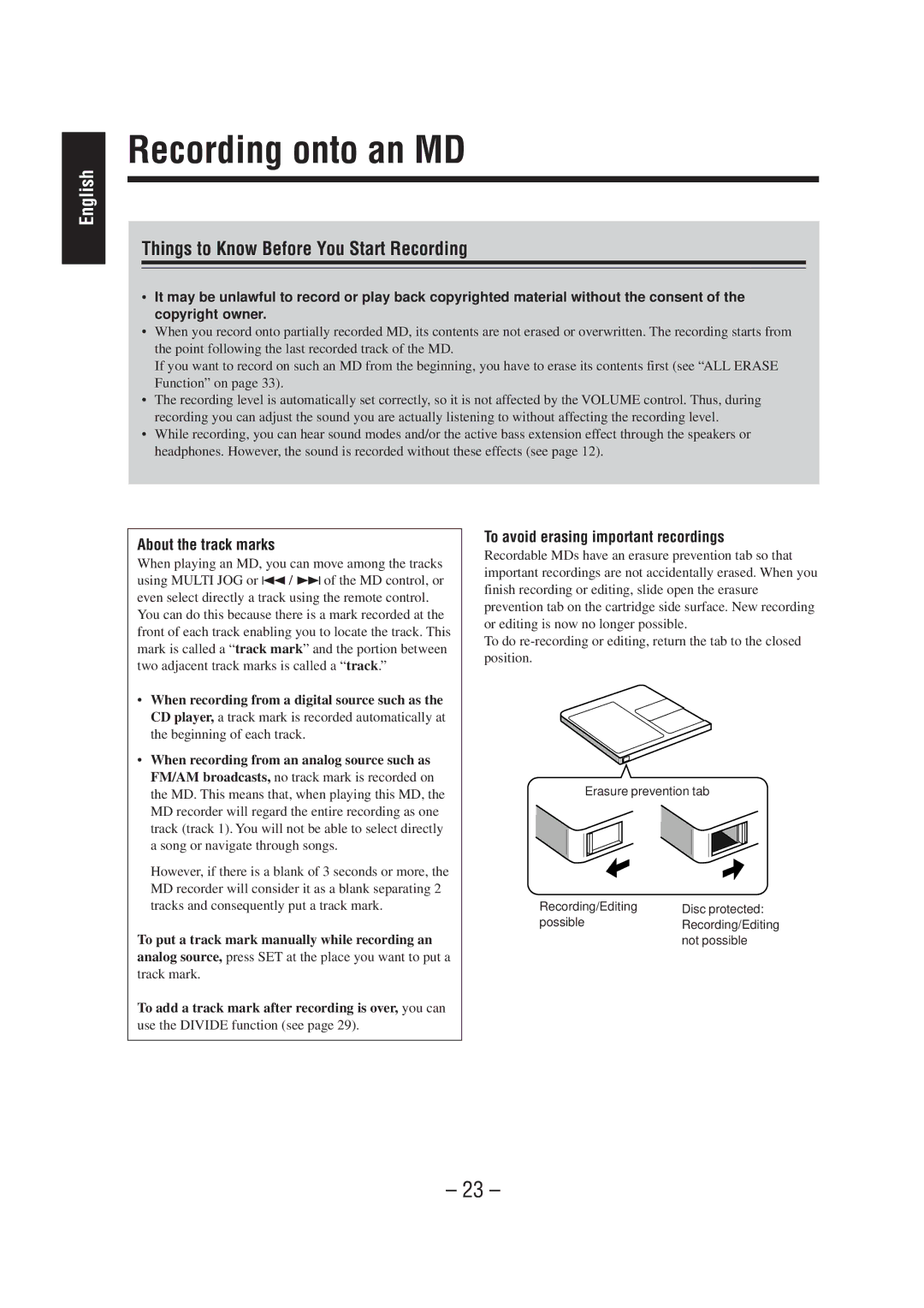 JVC CA-MD70 manual Recording onto an MD, Things to Know Before You Start Recording, About the track marks 