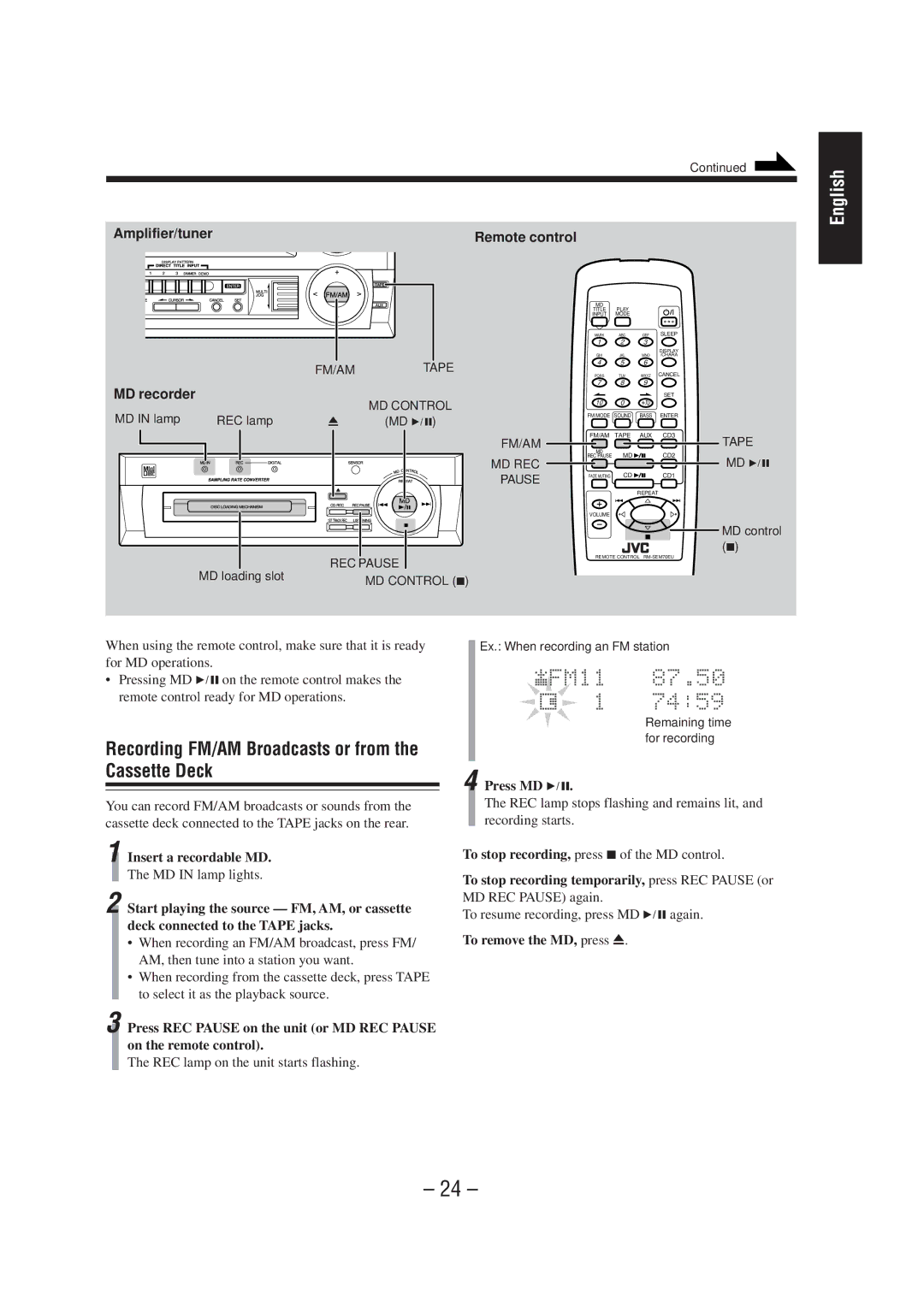 JVC CA-MD70 manual Recording FM/AM Broadcasts or from the Cassette Deck, Insert a recordable MD, To remove the MD, press 