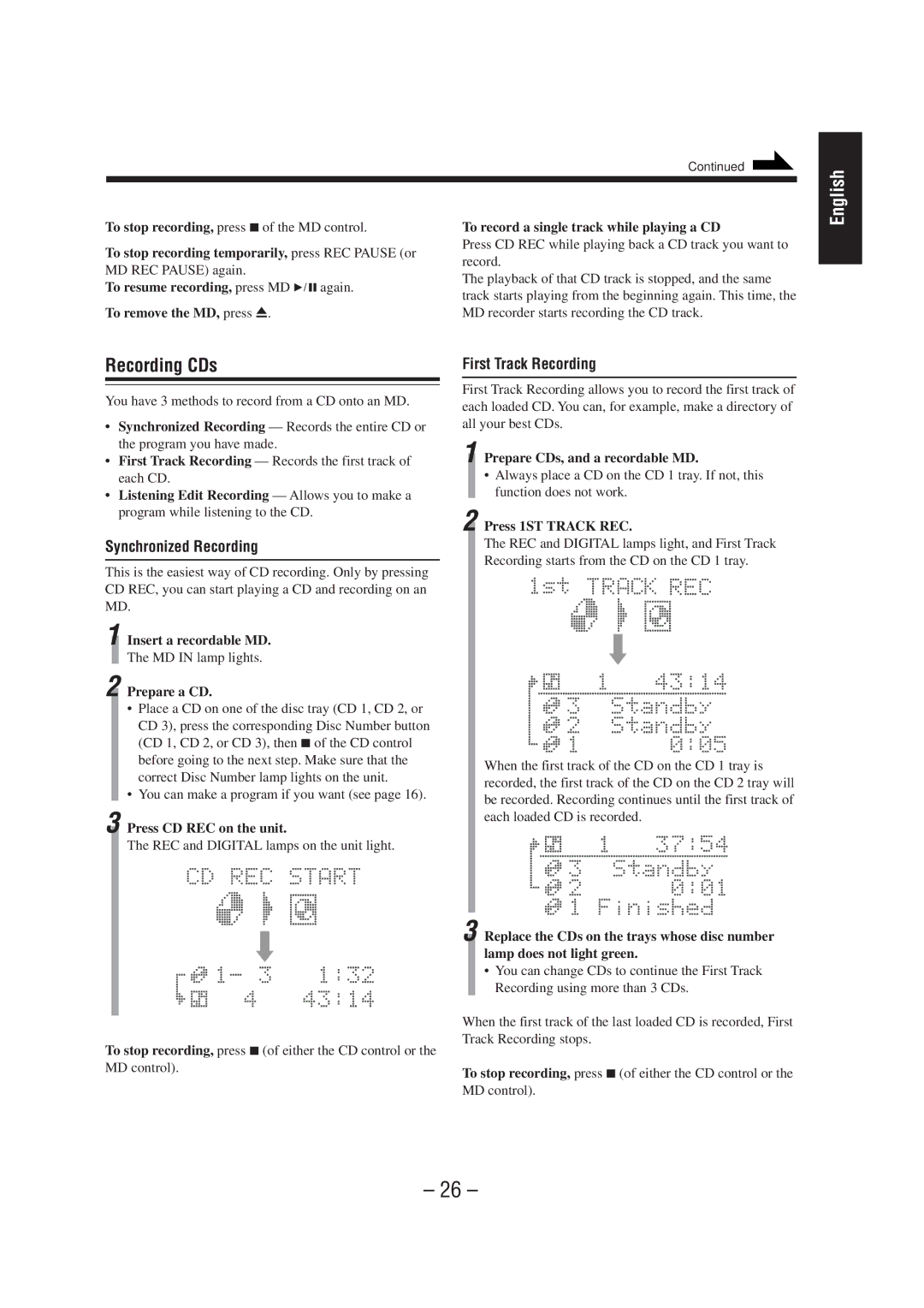 JVC CA-MD70 manual Recording CDs, First Track Recording, Synchronized Recording 