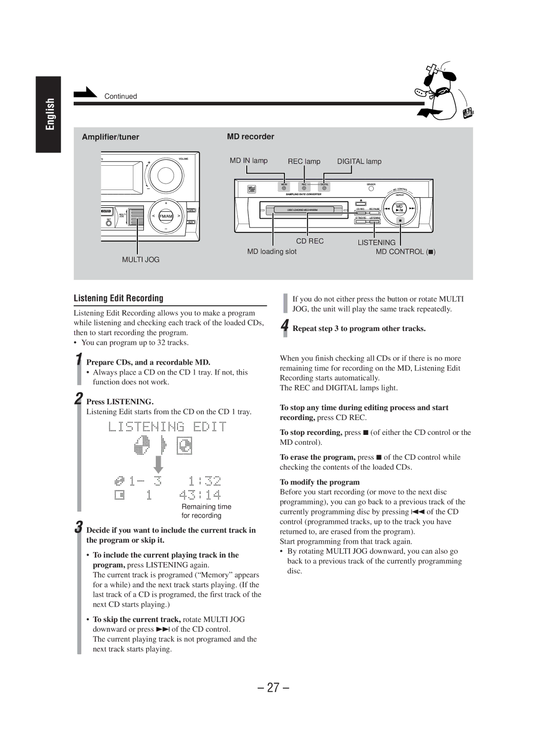 JVC CA-MD70 manual Listening Edit Recording, Press Listening, Repeat to program other tracks, To modify the program 