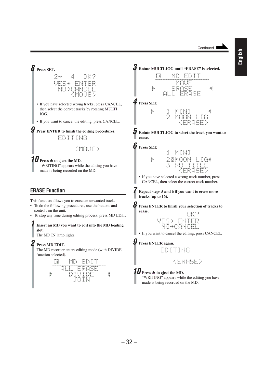 JVC CA-MD70 manual Erase Function, Press MD Edit Press Enter again, Press 0 to eject the MD 