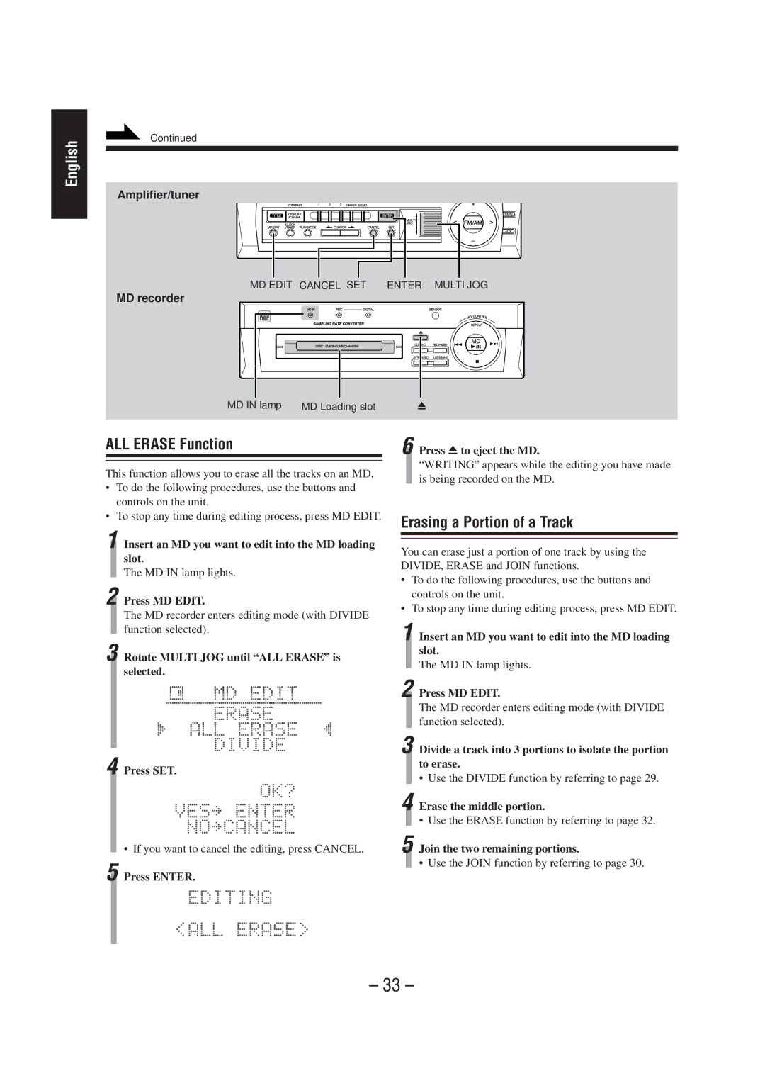 JVC CA-MD70 manual ALL Erase Function, Erasing a Portion of a Track 