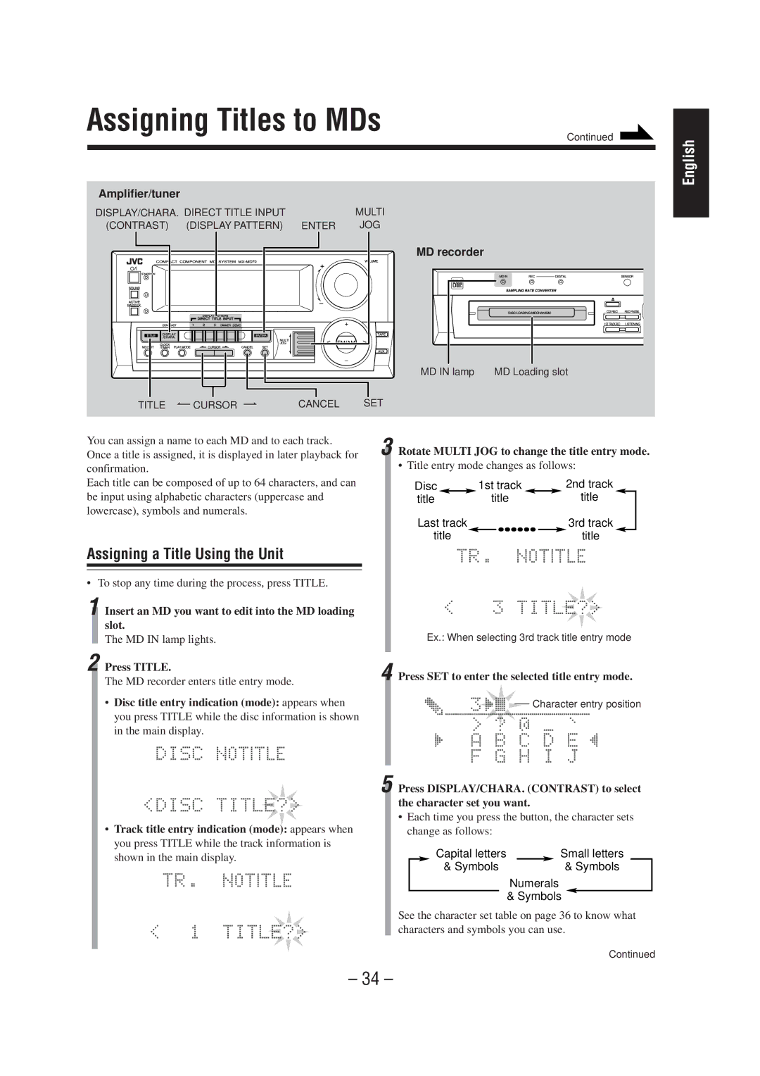 JVC CA-MD70 manual Assigning Titles to MDs, Assigning a Title Using the Unit, Press Title 