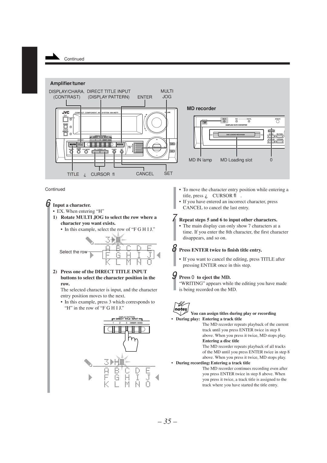 JVC CA-MD70 manual Input a character, EX. When entering H, This example, select the row of F G H I J 