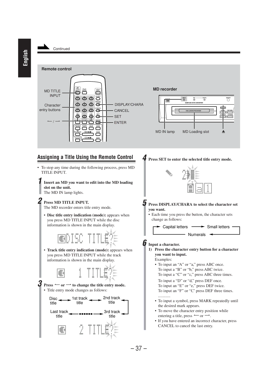 JVC CA-MD70 manual Press MD Title Input, Examples, To input a C or c, press ABC three times 