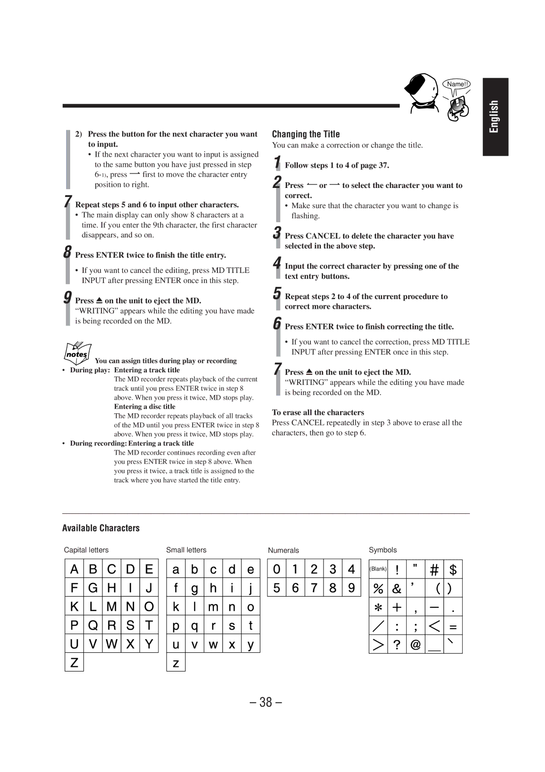 JVC CA-MD70 manual Press the button for the next character you want to input, Press Enter twice to finish the title entry 