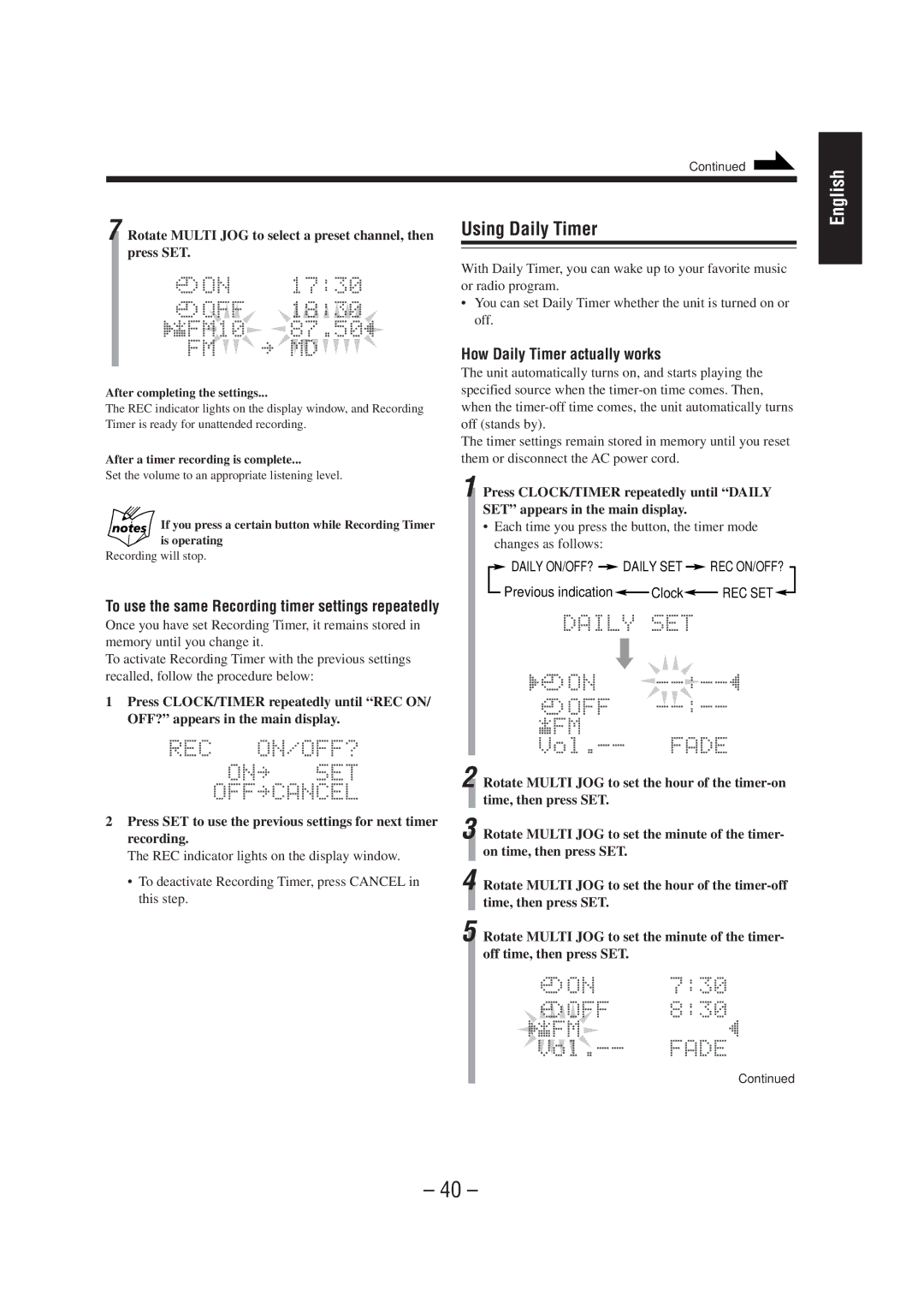 JVC CA-MD70 manual How Daily Timer actually works, To use the same Recording timer settings repeatedly 