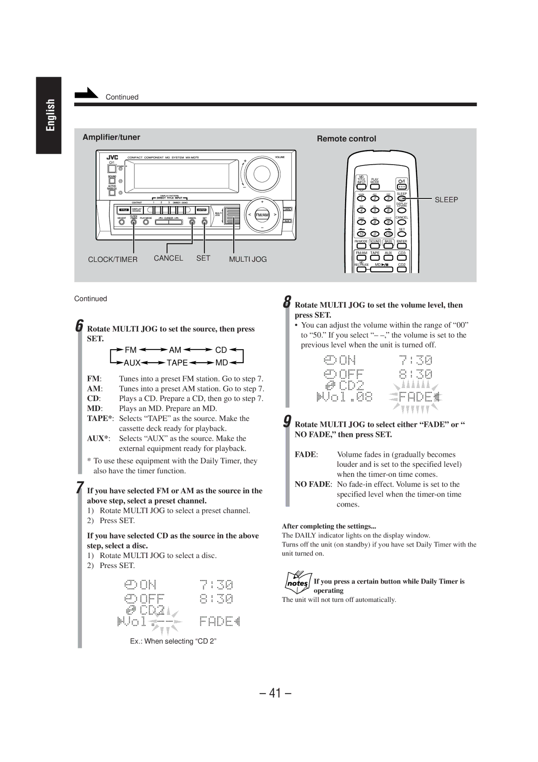 JVC CA-MD70 Rotate Multi JOG to set the source, then press SET, Rotate Multi JOG to select a preset channel Press SET 