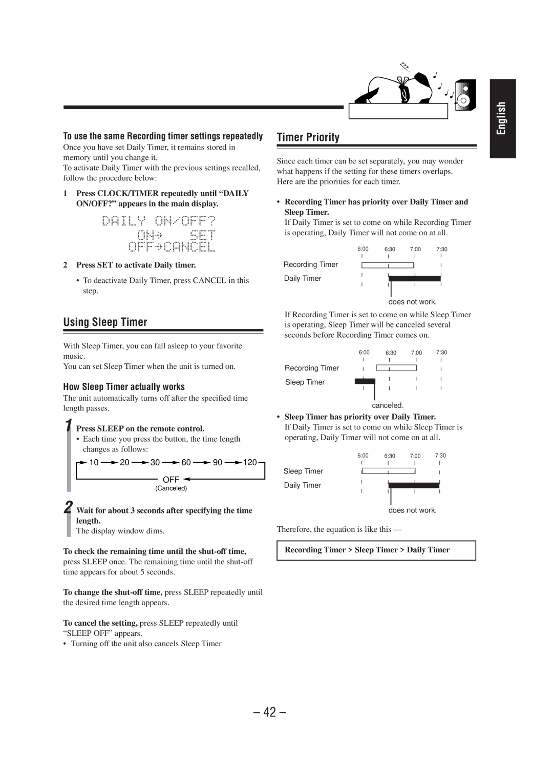 JVC CA-MD70 manual Using Sleep Timer, Timer Priority, How Sleep Timer actually works 