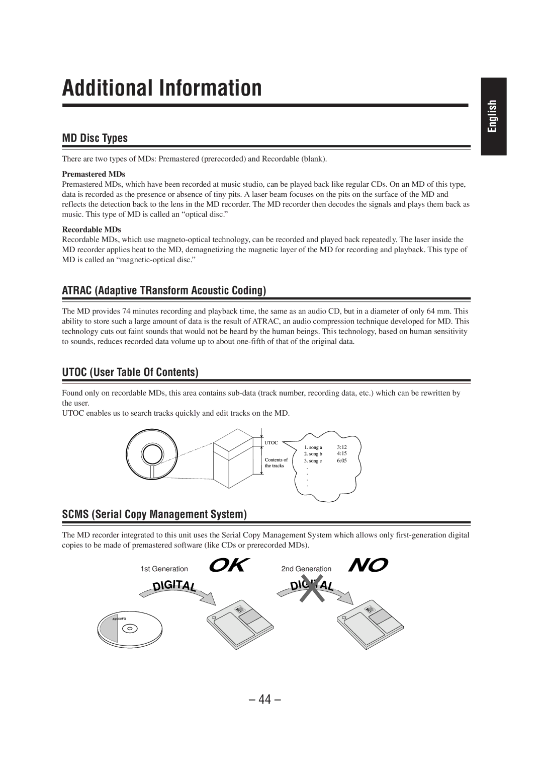 JVC CA-MD70 Additional Information, MD Disc Types, Atrac Adaptive TRansform Acoustic Coding, Utoc User Table Of Contents 