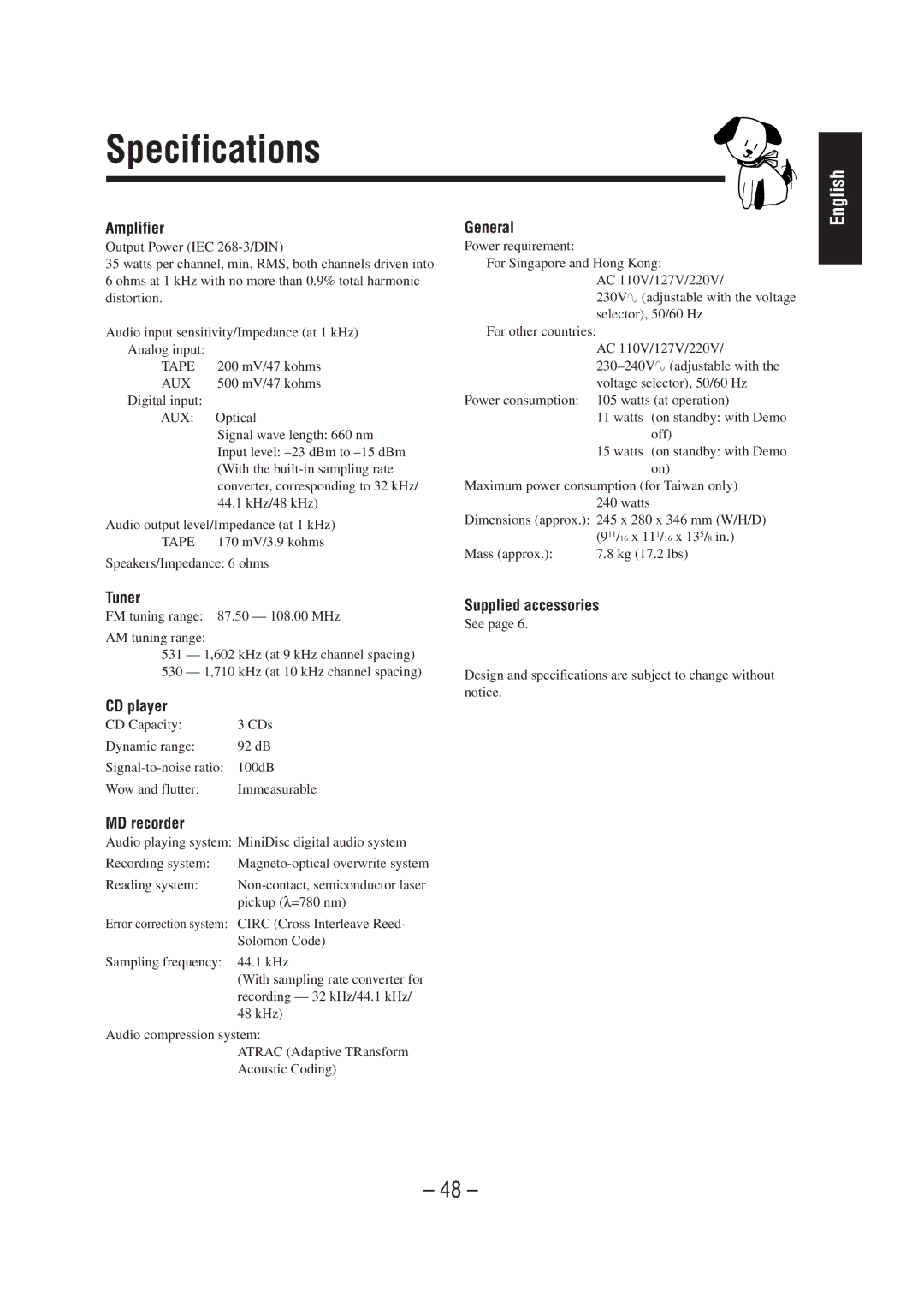 JVC CA-MD70 manual Specifications 