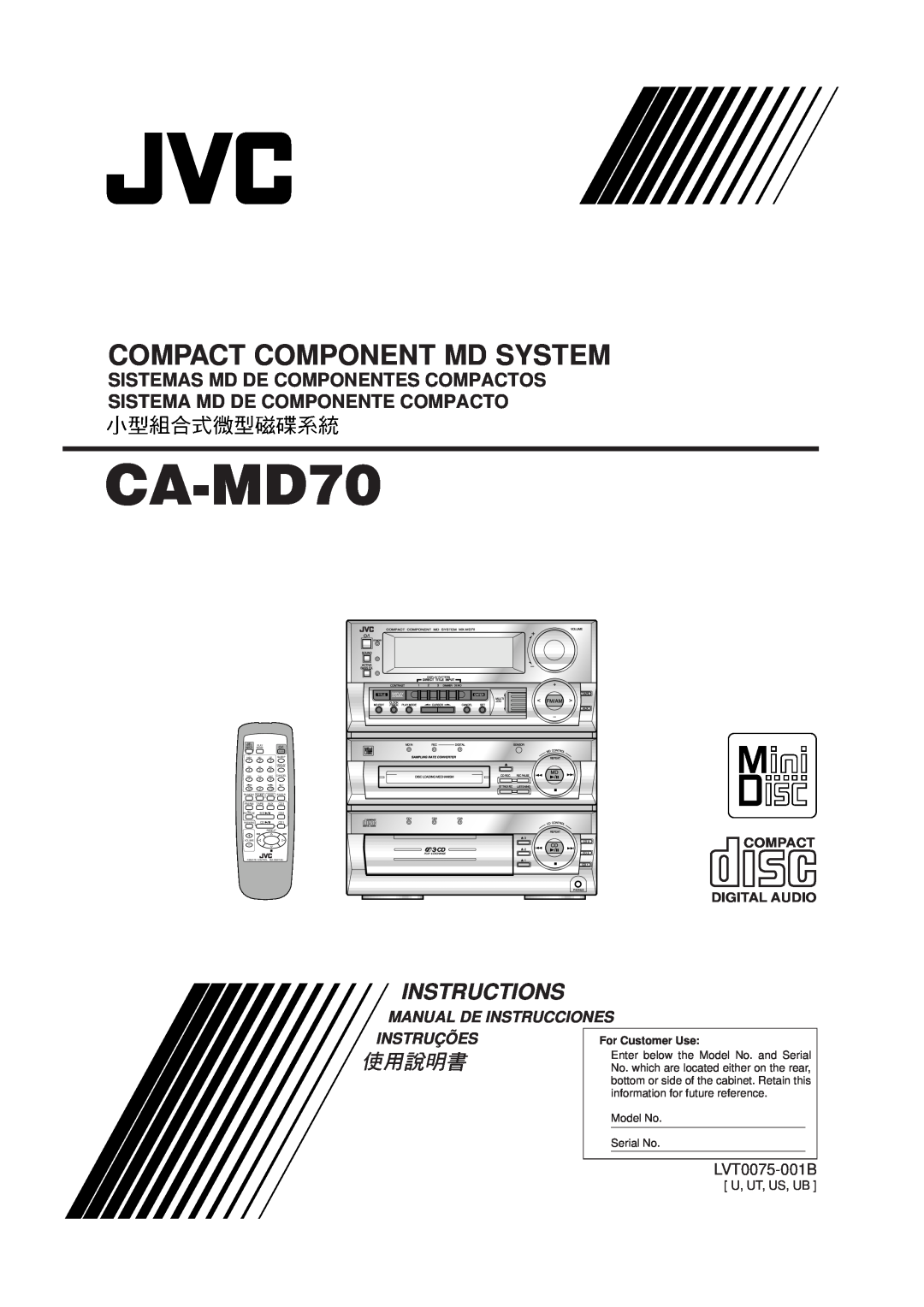 JVC CA-MD70 manual Compact Component Md System, Instructions, Manual De Instrucciones, Instruções, LVT0075-001B 