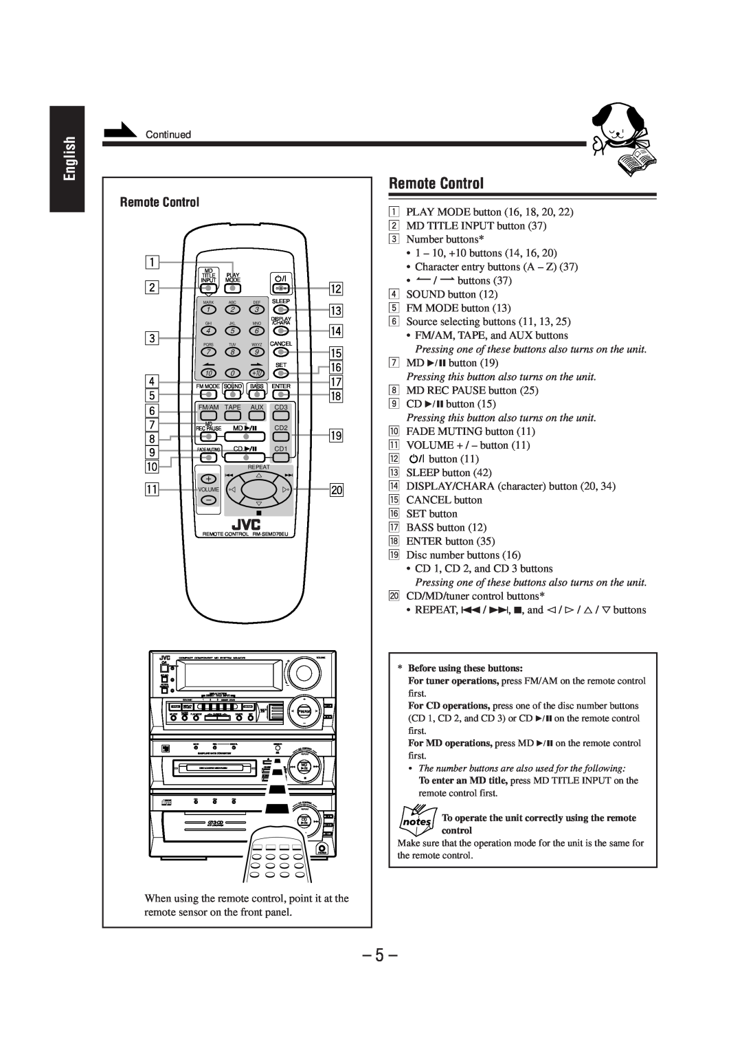 JVC CA-MD70 manual Remote Control, English 