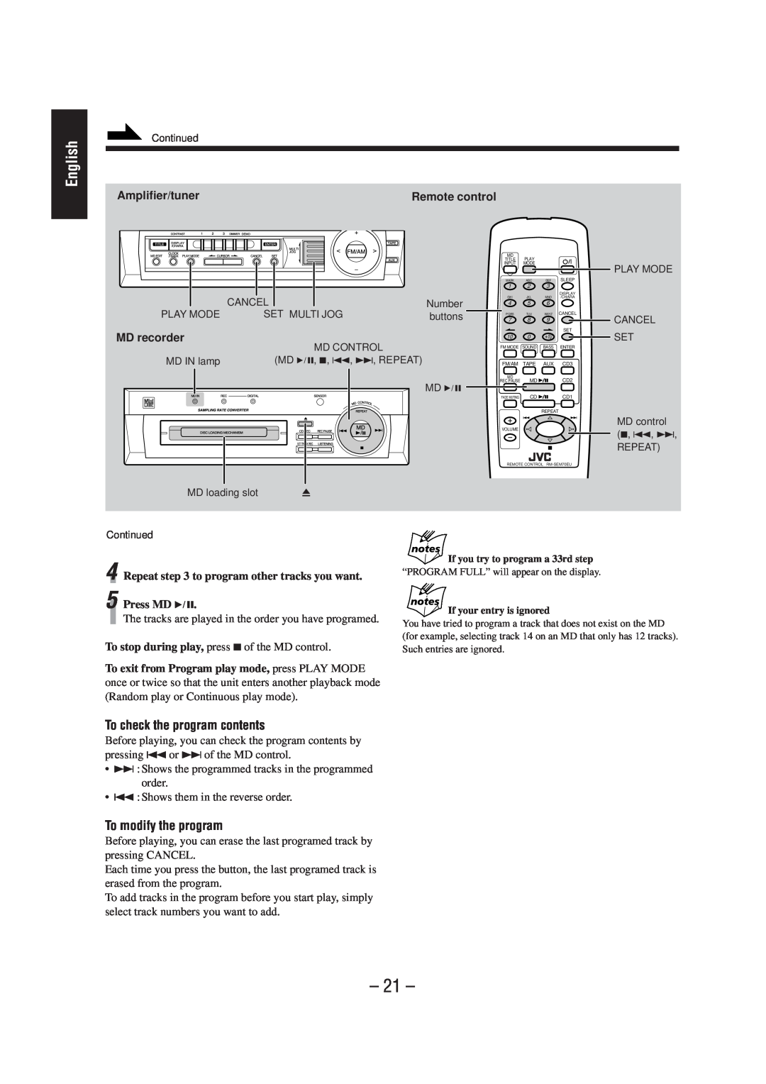 JVC CA-MD70 manual English, To check the program contents, To modify the program, Amplifier/tuner, Remote control 
