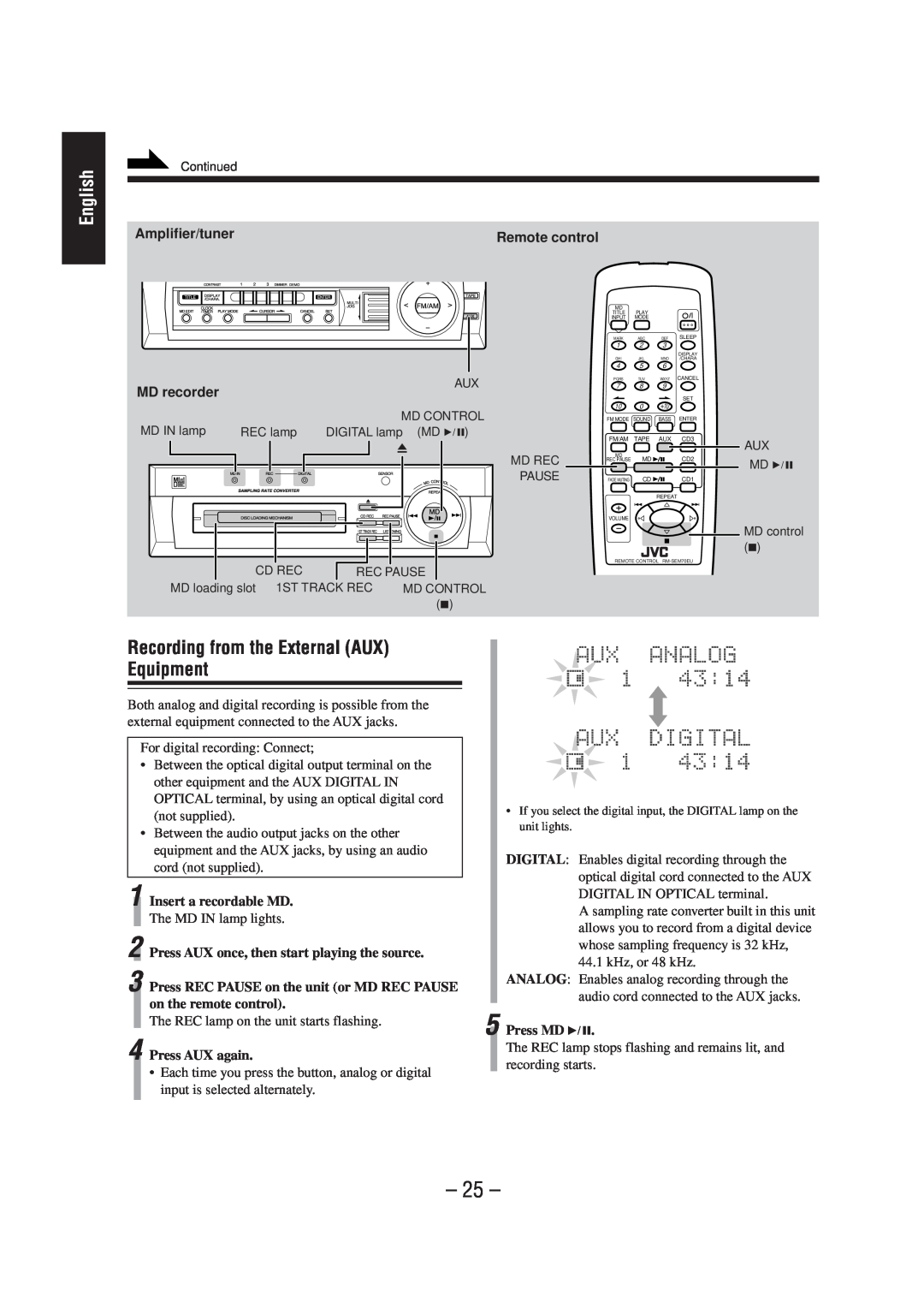 JVC CA-MD70 manual Recording from the External AUX Equipment, English, Amplifier/tuner, Remote control, MD recorder 