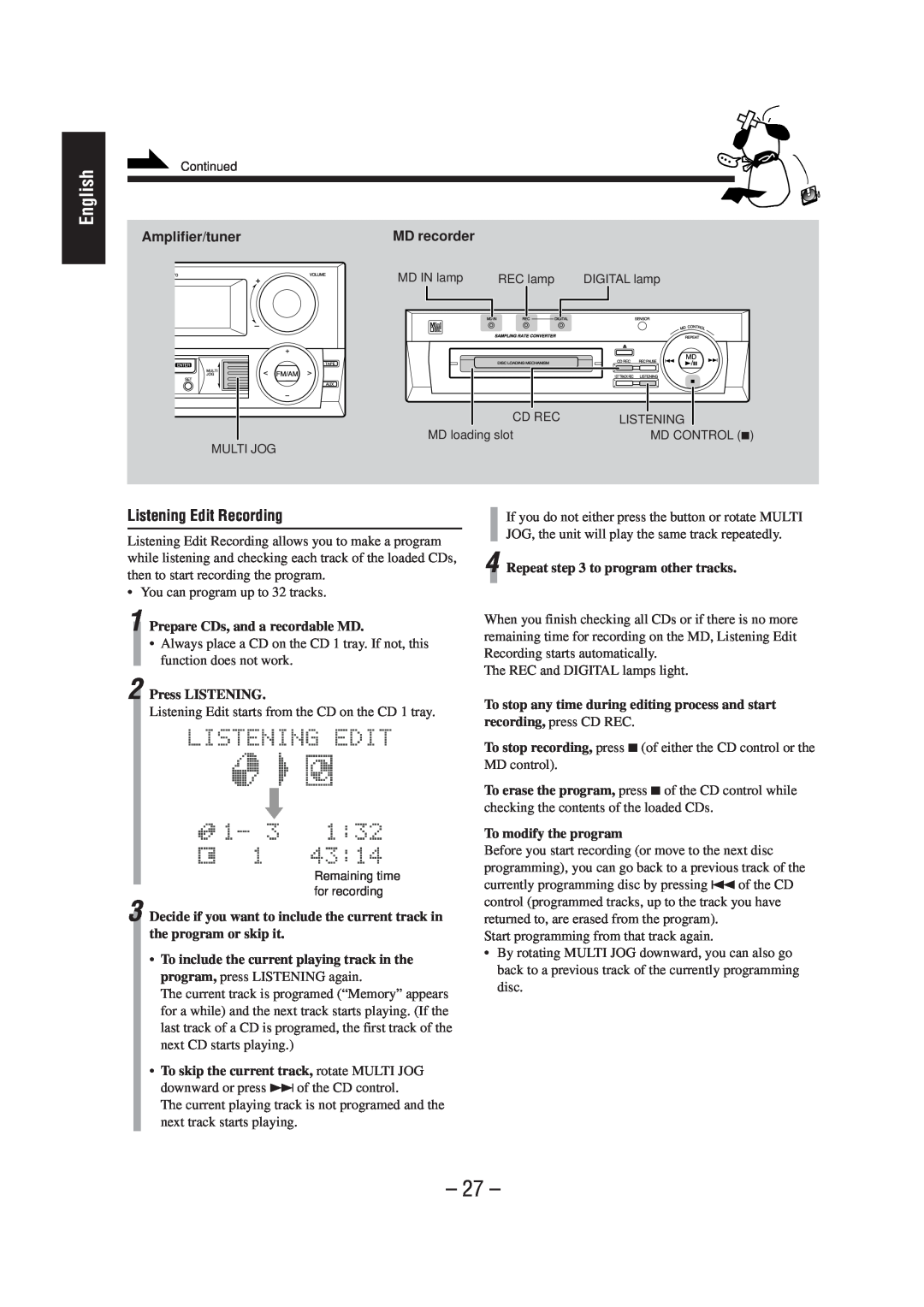 JVC CA-MD70 manual Listening Edit Recording, English, Amplifier/tuner 