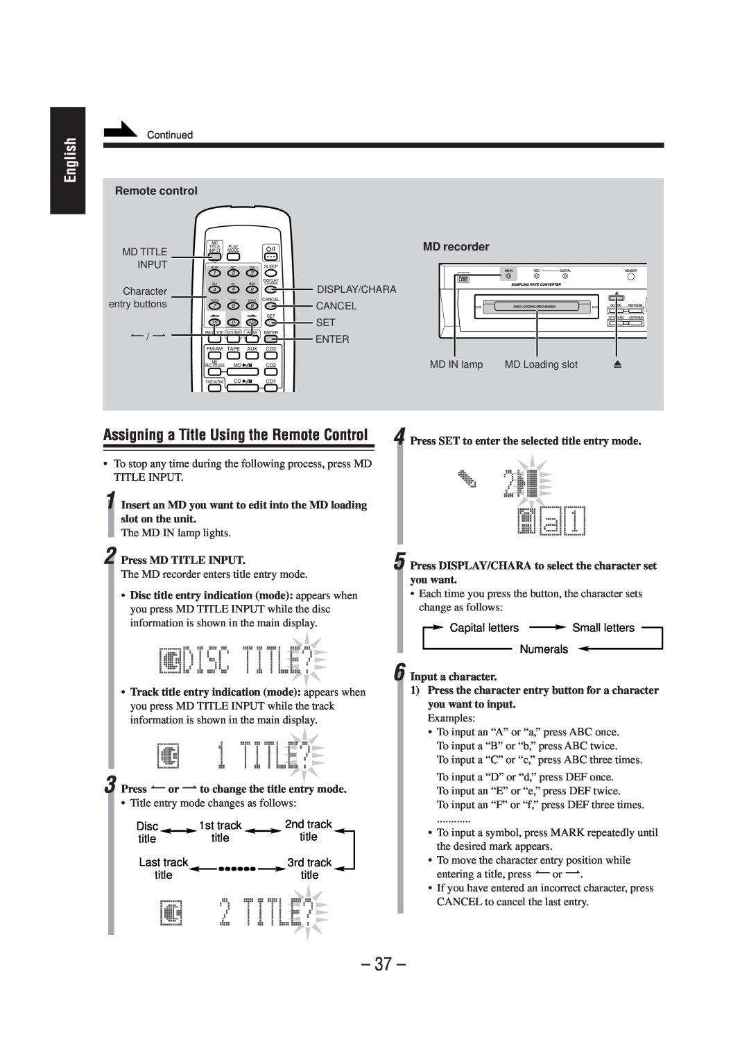 JVC CA-MD70 manual Assigning a Title Using the Remote Control, English, Remote control, MD recorder 