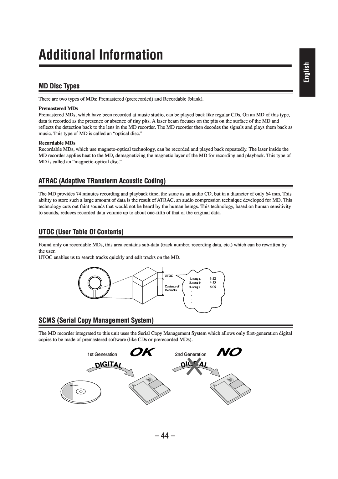 JVC CA-MD70 Additional Information, MD Disc Types, ATRAC Adaptive TRansform Acoustic Coding, UTOC User Table Of Contents 