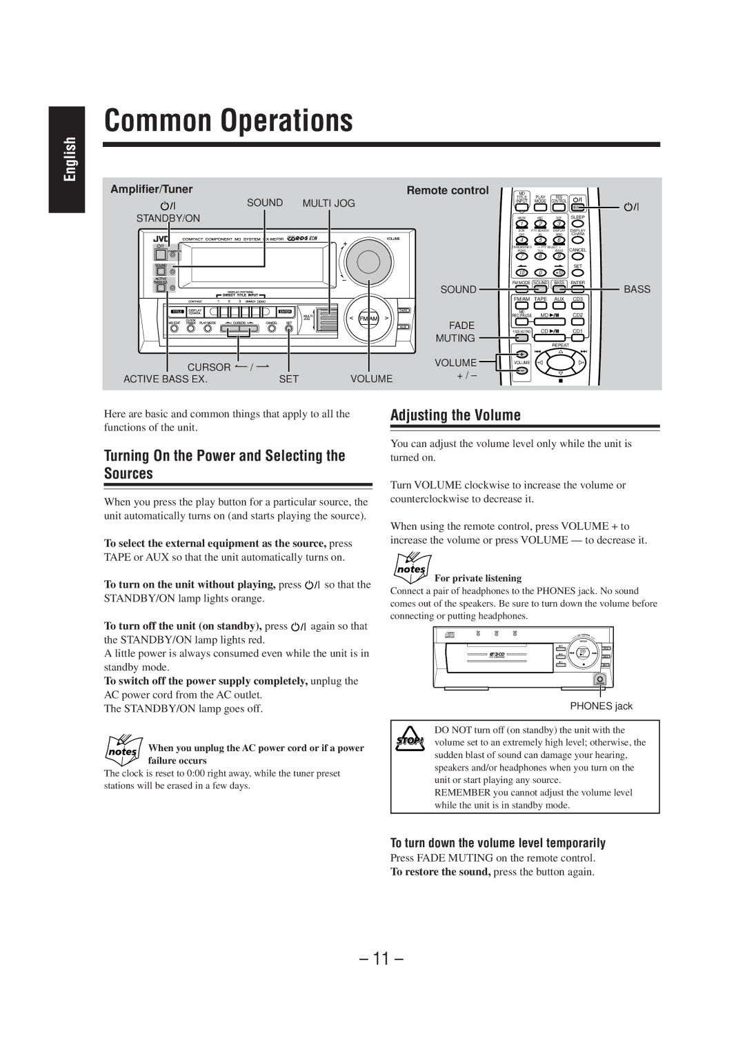 JVC CA-MD70R manual Common Operations, Turning On the Power and Selecting the Sources, Adjusting the Volume 