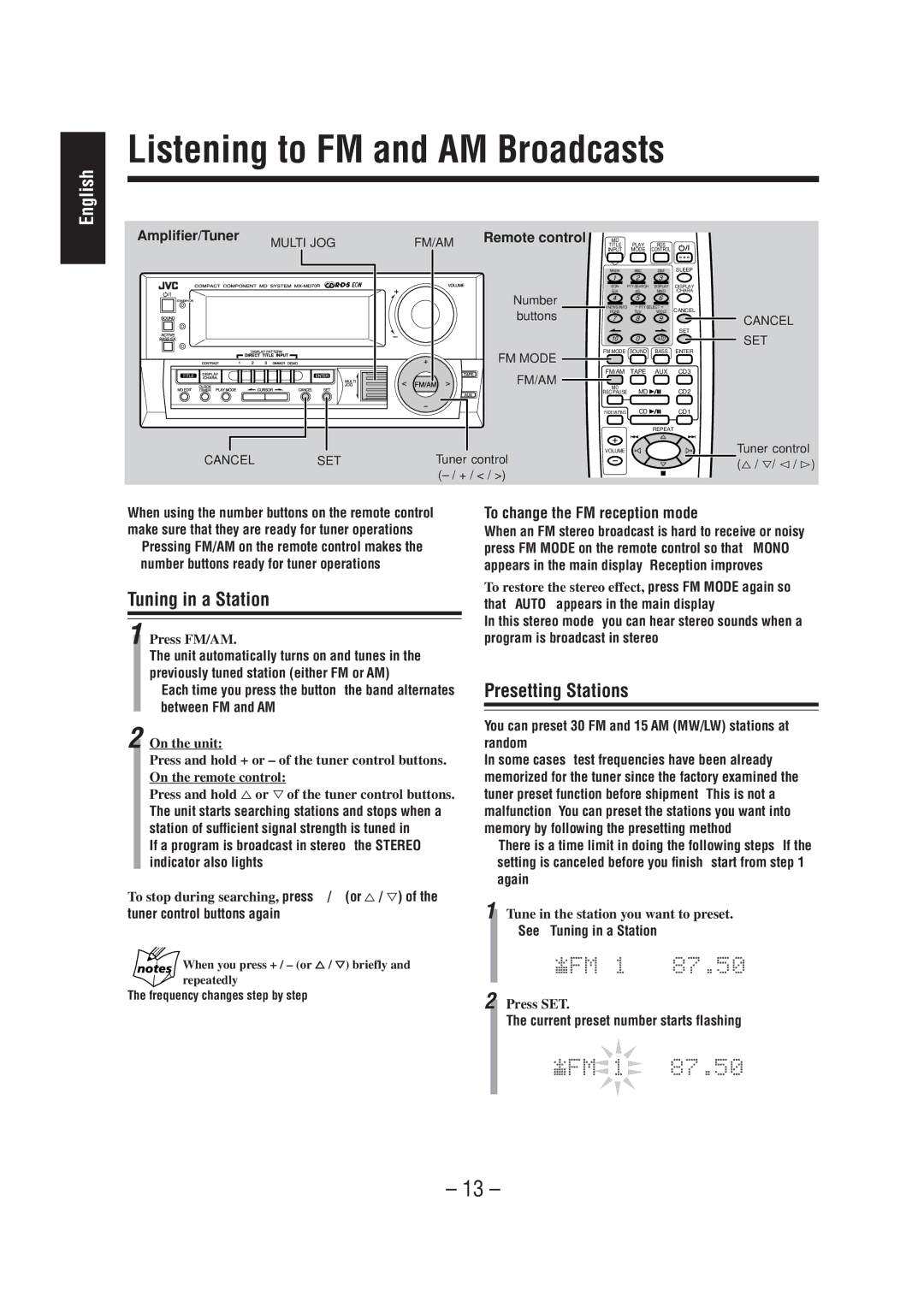 JVC CA-MD70R Listening to FM and AM Broadcasts, Tuning in a Station, Presetting Stations, To change the FM reception mode 