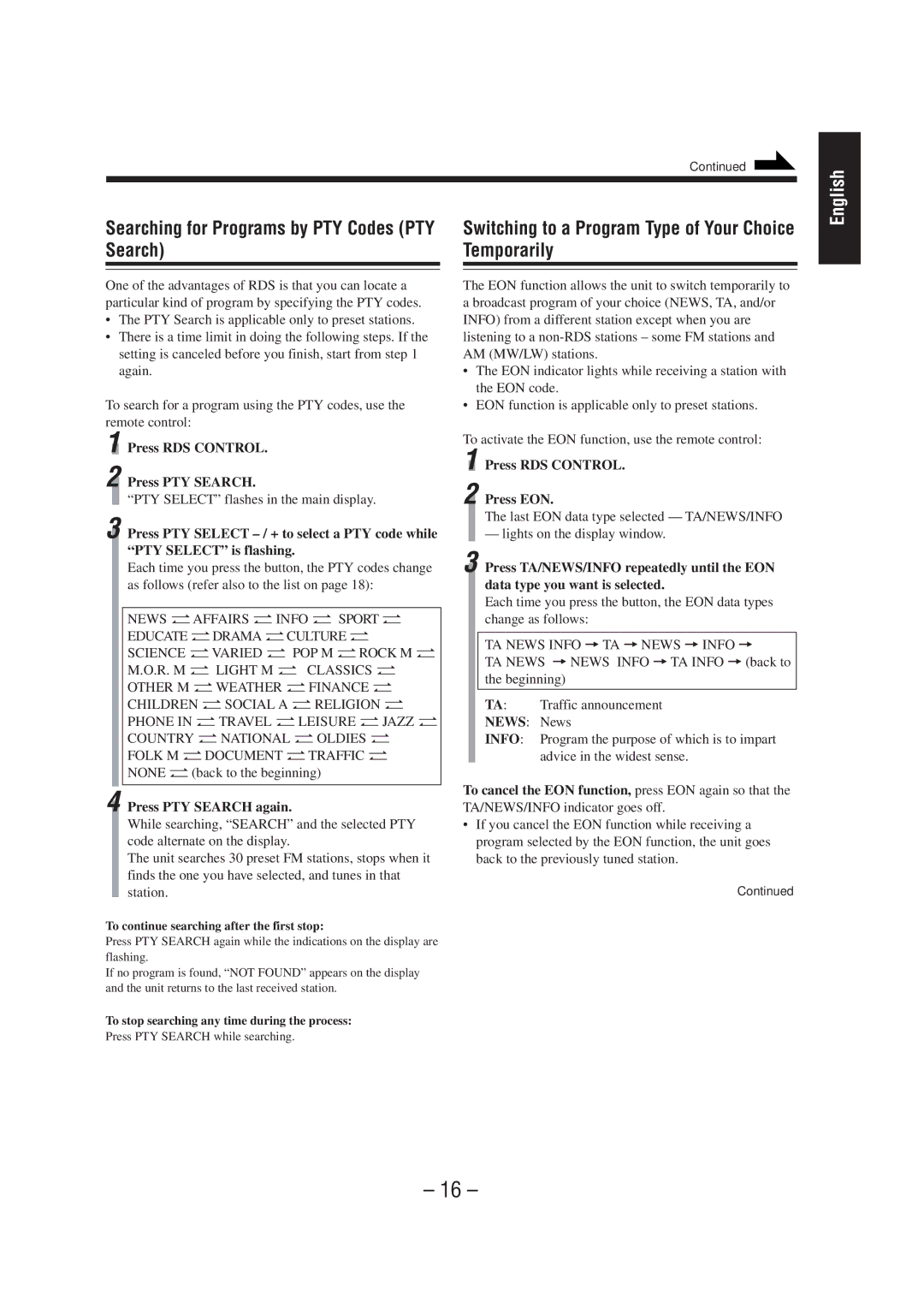 JVC CA-MD70R manual Searching for Programs by PTY Codes PTY Search, Switching to a Program Type of Your Choice Temporarily 