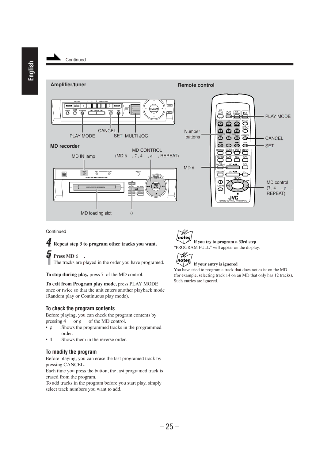 JVC CA-MD70R manual Repeat to program other tracks you want, Play Mode Cancel SET 