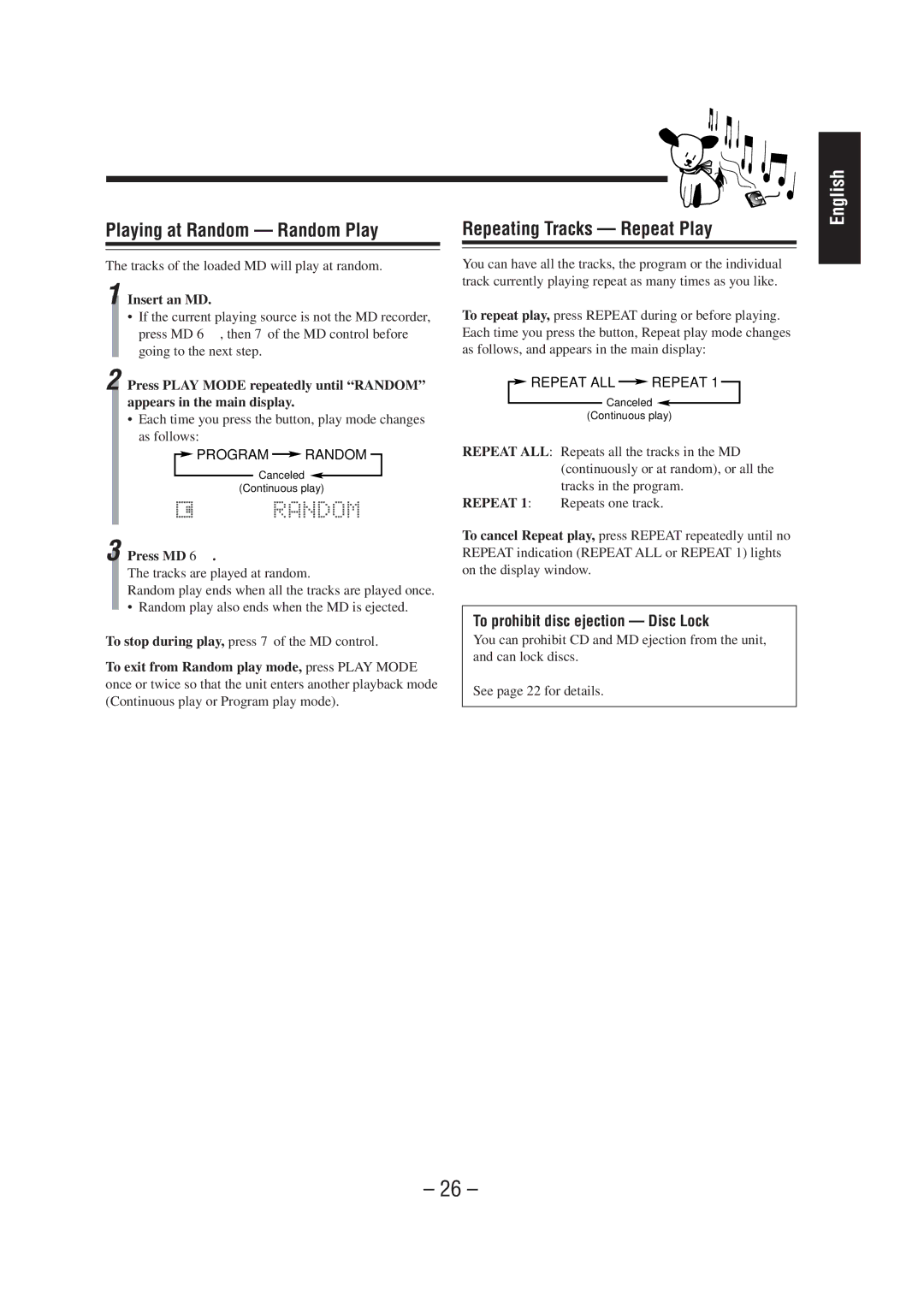 JVC CA-MD70R manual Repeating Tracks Repeat Play, To prohibit disc ejection Disc Lock 