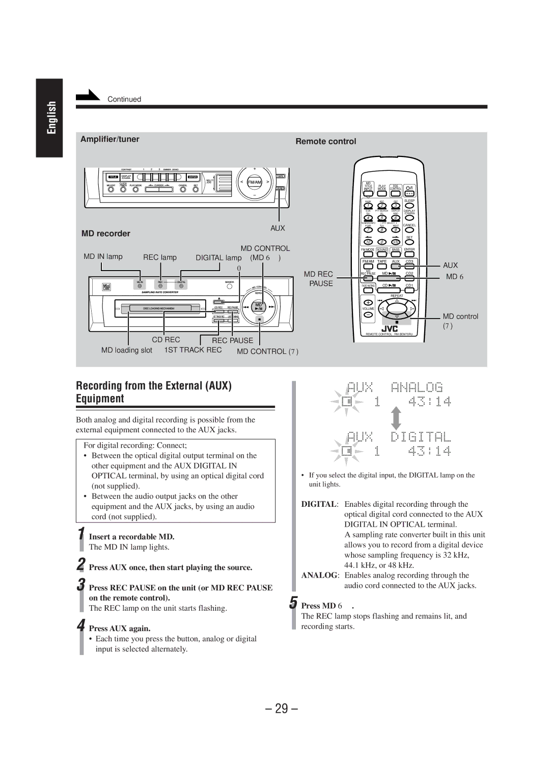 JVC CA-MD70R manual Recording from the External AUX Equipment, Press AUX again, Aux, CD REC REC Pause 