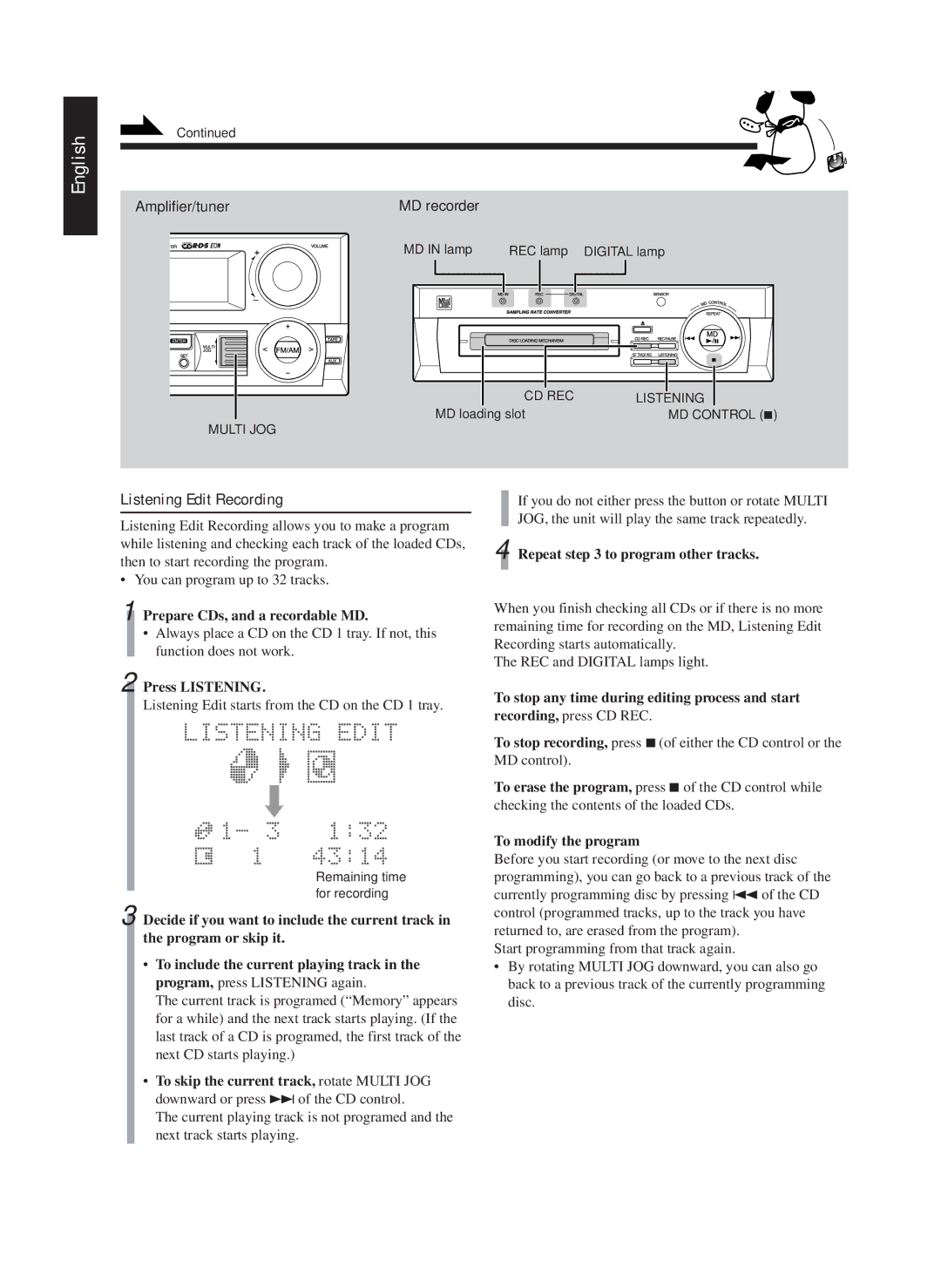 JVC CA-MD70R manual Listening Edit Recording, Press Listening, Repeat to program other tracks, To modify the program 