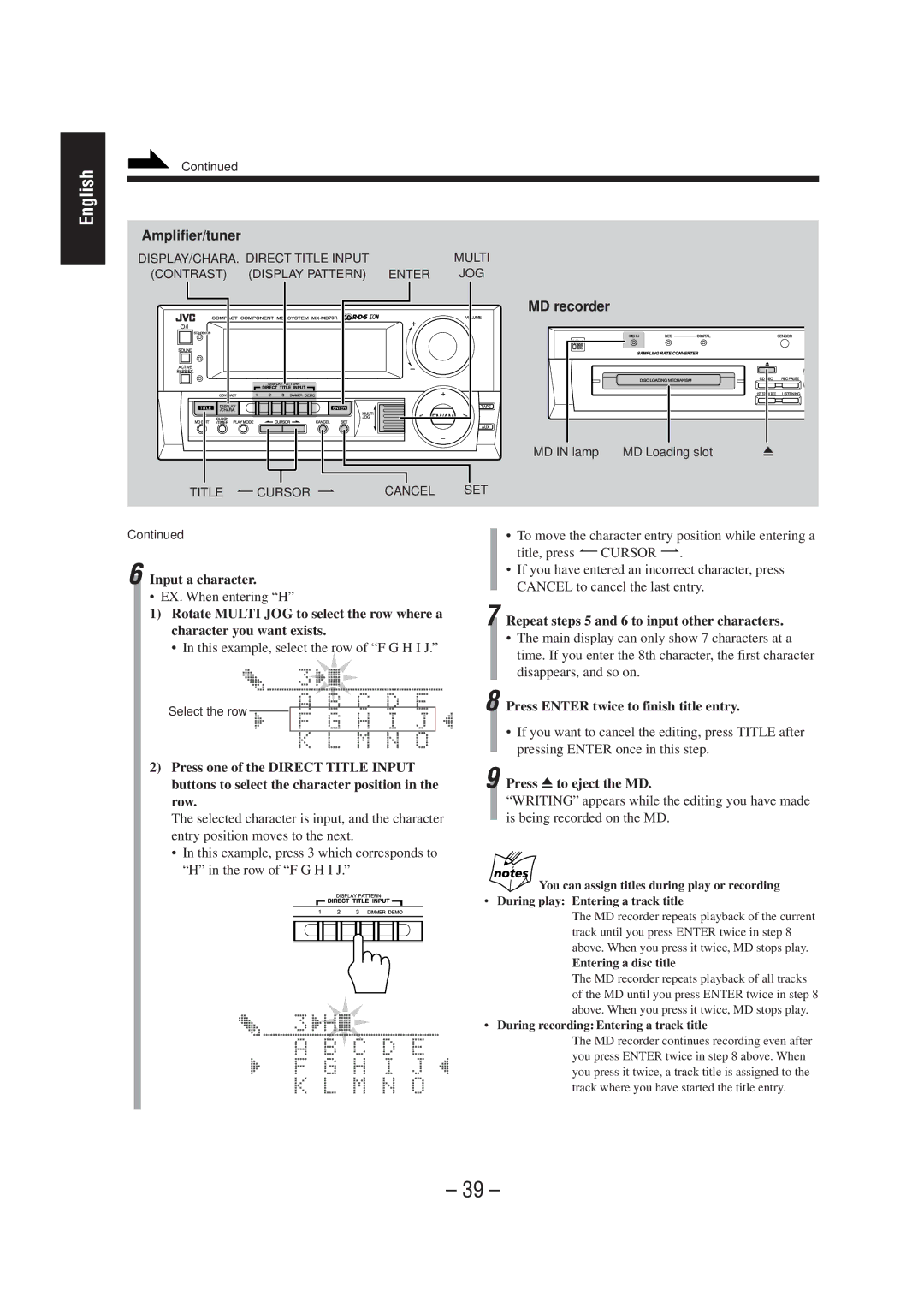 JVC CA-MD70R Input a character, Repeat steps 5 and 6 to input other characters, Press Enter twice to finish title entry 