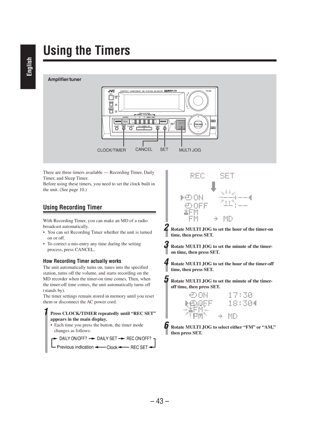 JVC CA-MD70R Using the Timers, Using Recording Timer, How Recording Timer actually works, CLOCK/TIMER Cancel SET Multi JOG 