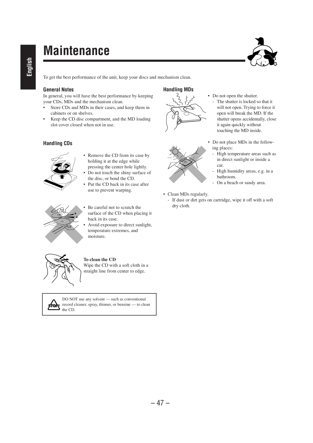 JVC CA-MD70R manual Maintenance, General Notes, Handling CDs, Handling MDs, To clean the CD 