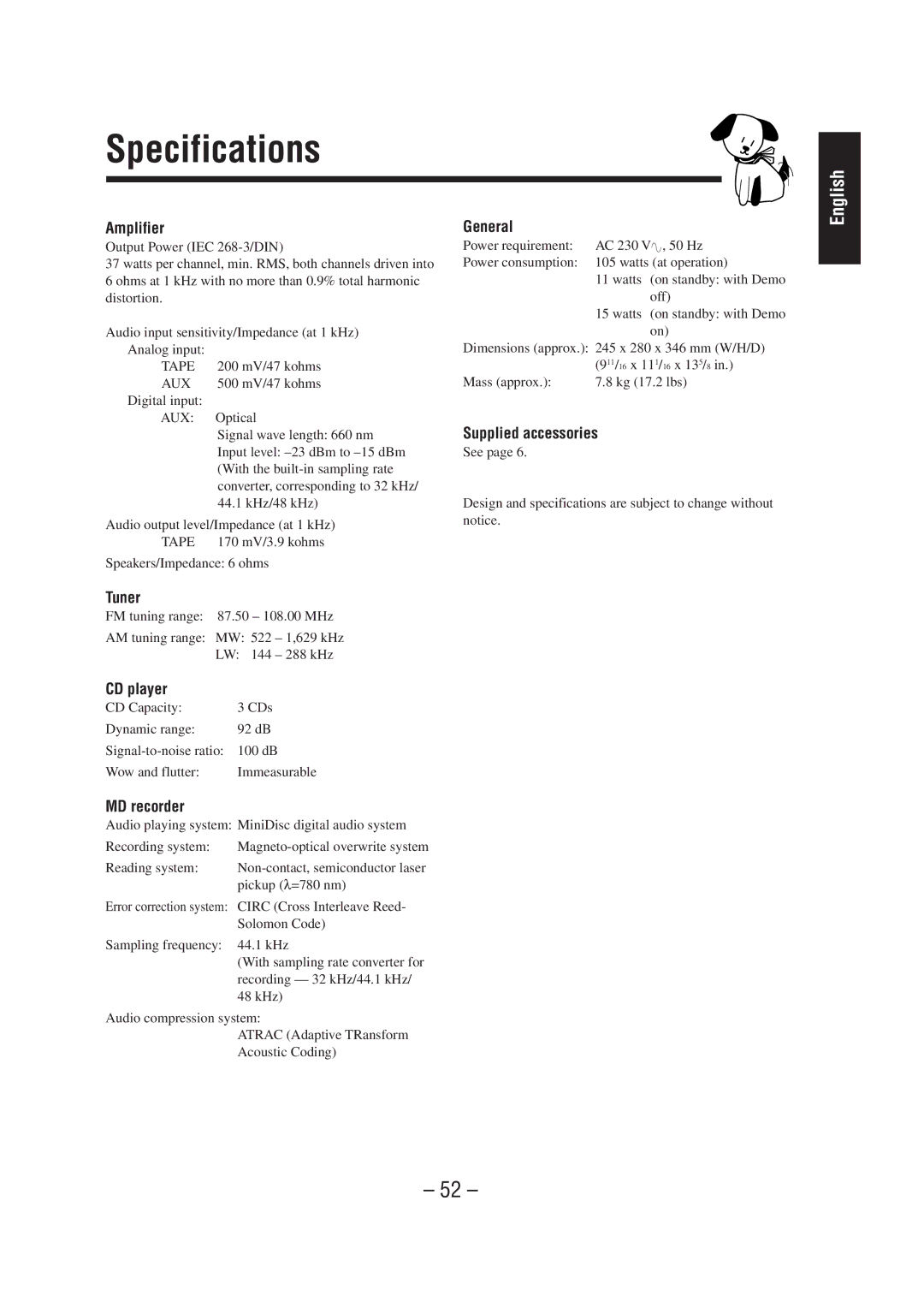 JVC CA-MD70R manual Specifications 