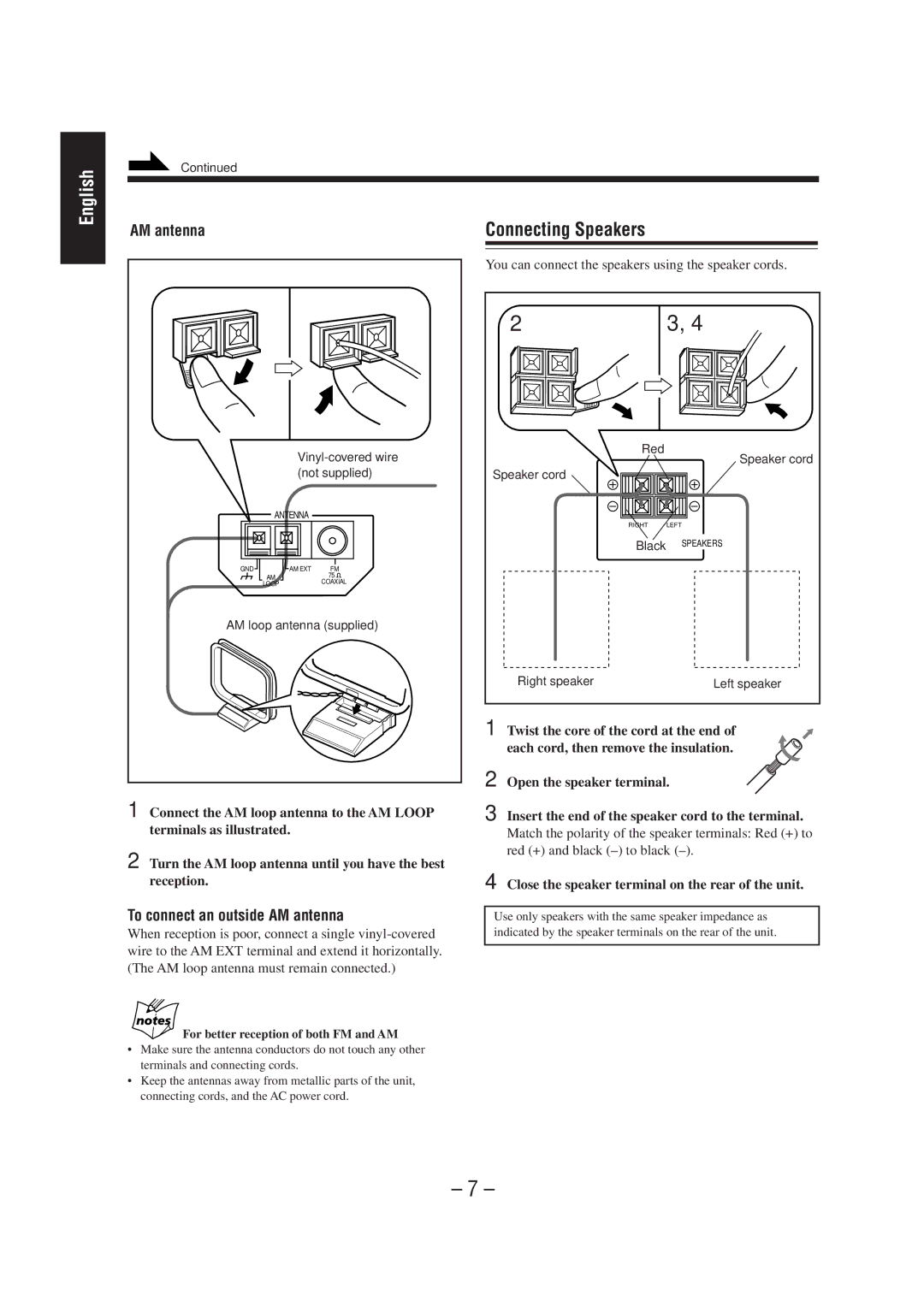 JVC CA-MD70R Connecting Speakers, To connect an outside AM antenna, Close the speaker terminal on the rear of the unit 