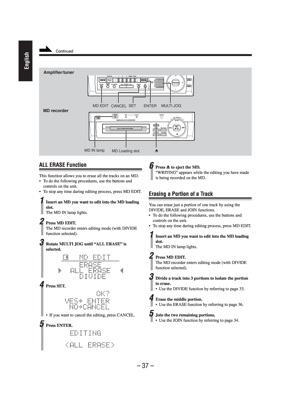 JVC CA-MD70R manual ALL ERASE Function, Erasing a Portion of a Track, English, Amplifier/tuner, MD recorder 