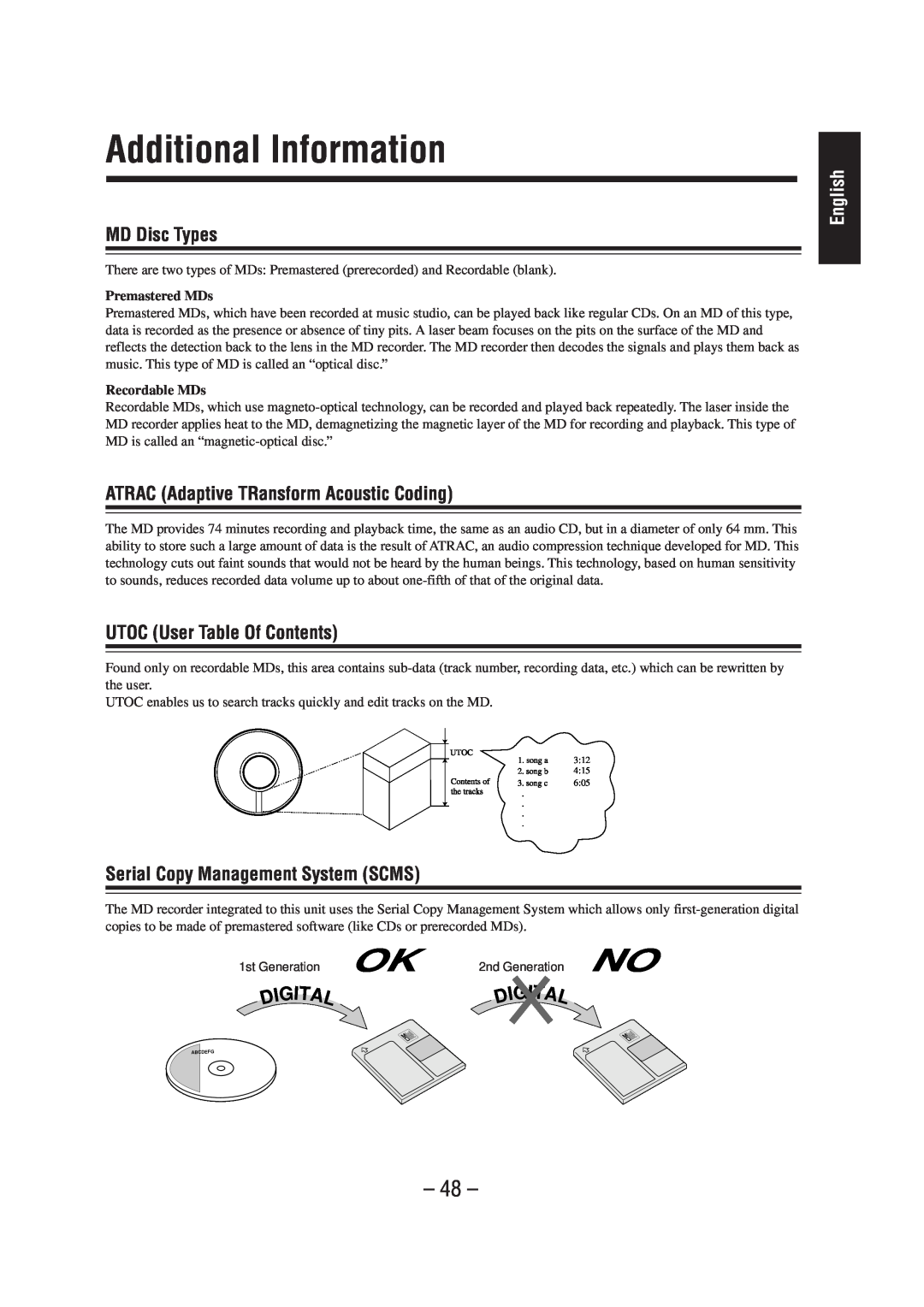 JVC CA-MD70R Additional Information, MD Disc Types, ATRAC Adaptive TRansform Acoustic Coding, UTOC User Table Of Contents 