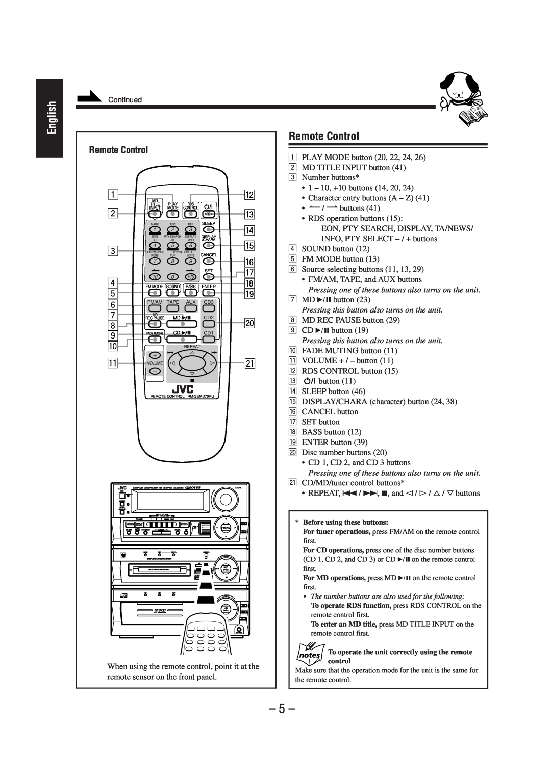 JVC CA-MD70R manual Remote Control, English 