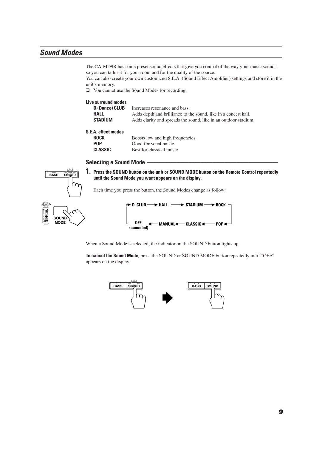 JVC CA-MD9R manual Sound Modes, Selecting a Sound Mode, Live surround modes, A. effect modes 