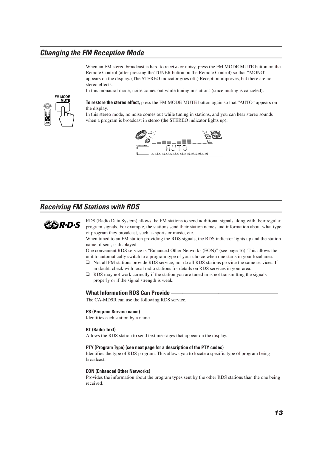 JVC CA-MD9R manual Changing the FM Reception Mode, Receiving FM Stations with RDS, What Information RDS Can Provide 