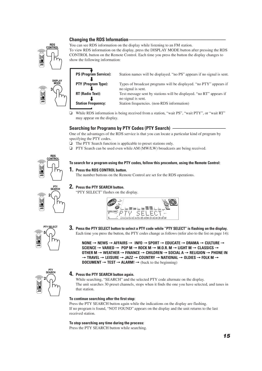 JVC CA-MD9R manual Changing the RDS Information, Searching for Programs by PTY Codes PTY Search 