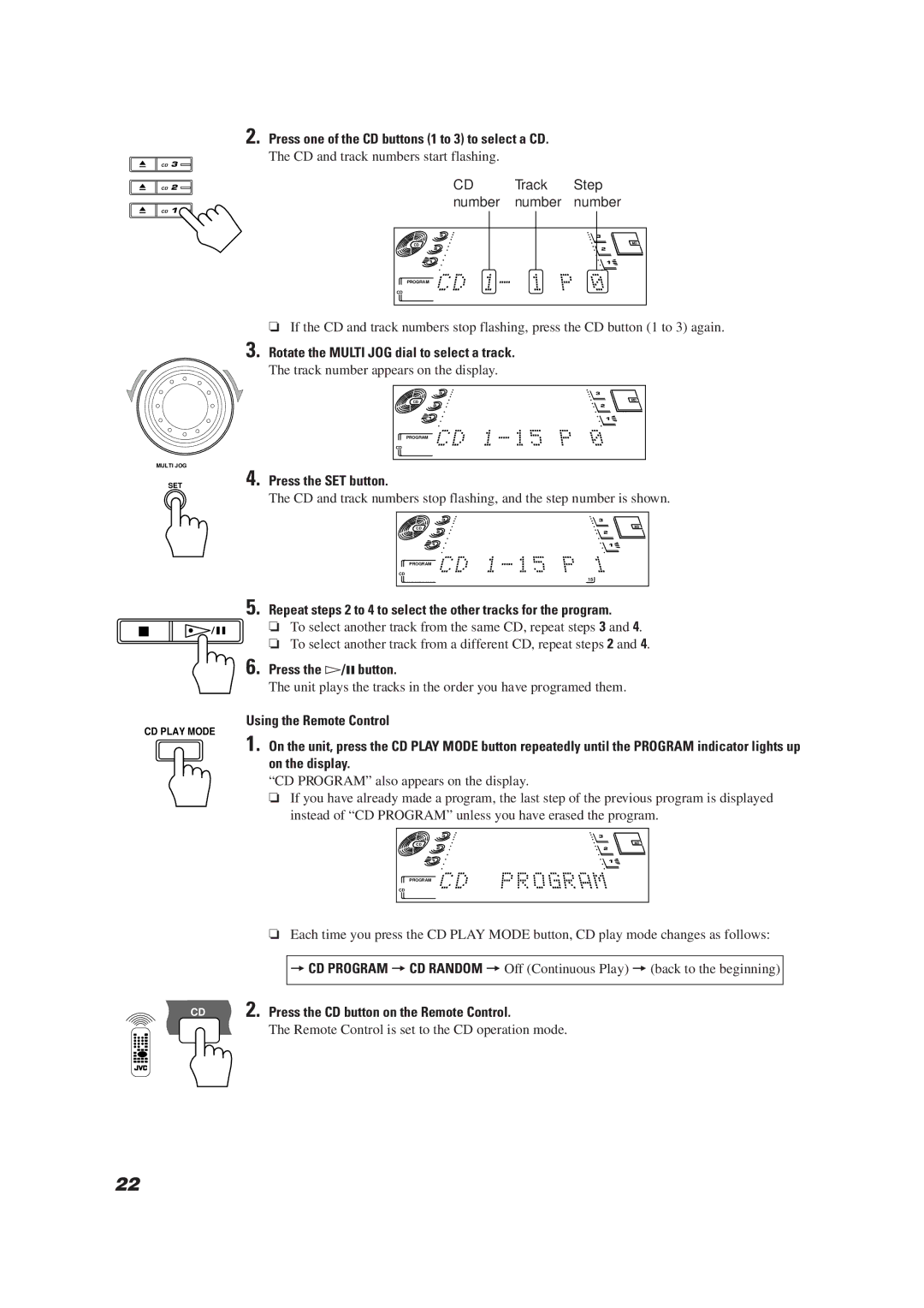 JVC CA-MD9R manual Press one of the CD buttons 1 to 3 to select a CD, Track Step Number, Press the Ü/8button 