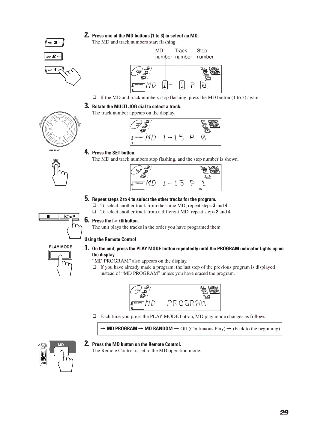 JVC CA-MD9R manual Press one of the MD buttons 1 to 3 to select an MD, Track Step Number number 