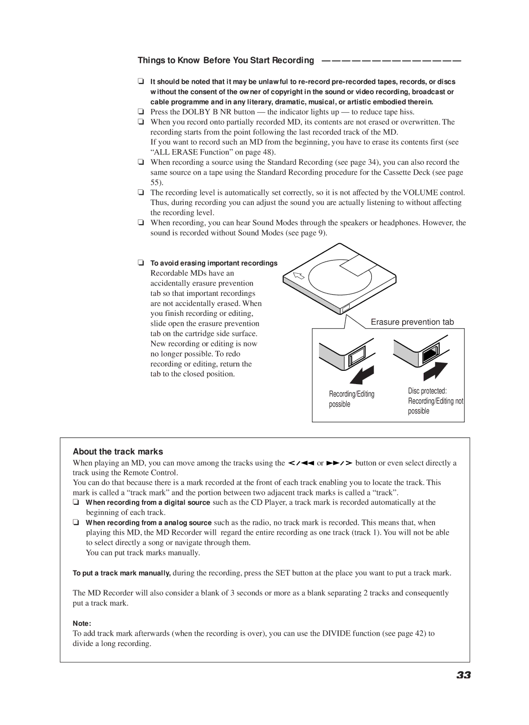 JVC CA-MD9R manual About the track marks, Things to Know Before You Start Recording, To avoid erasing important recordings 