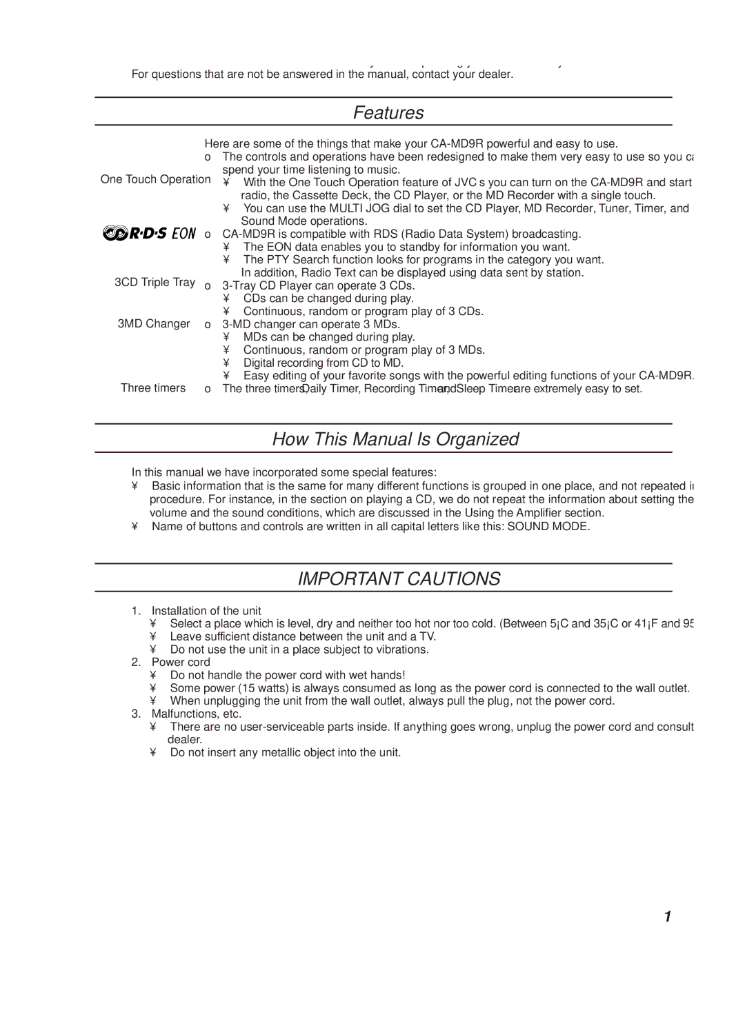 JVC CA-MD9R manual Features, How This Manual Is Organized 