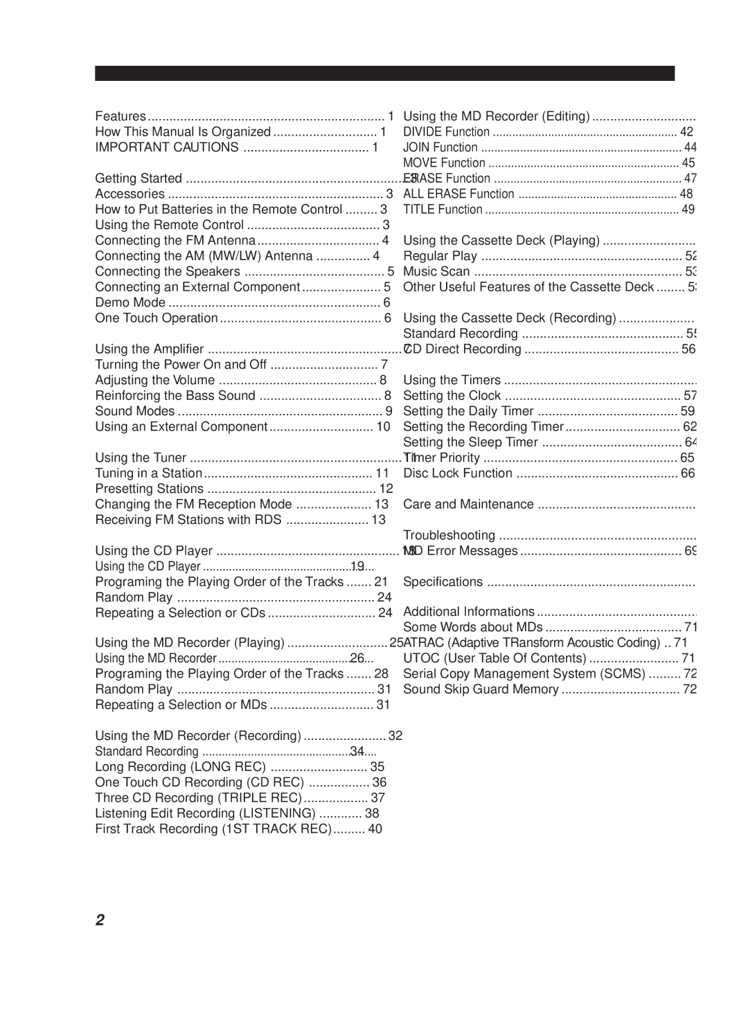 JVC CA-MD9R manual Table of Contents 