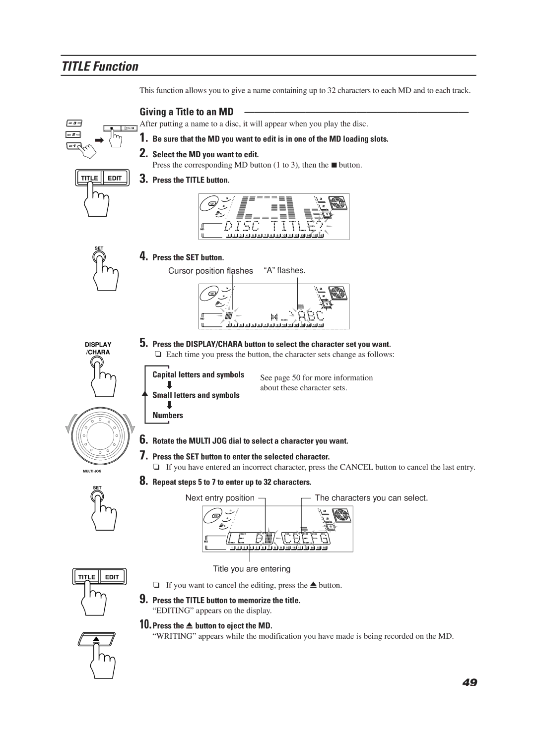 JVC CA-MD9R Title Function, Giving a Title to an MD, Letters and symbols, Repeat steps 5 to 7 to enter up to 32 characters 