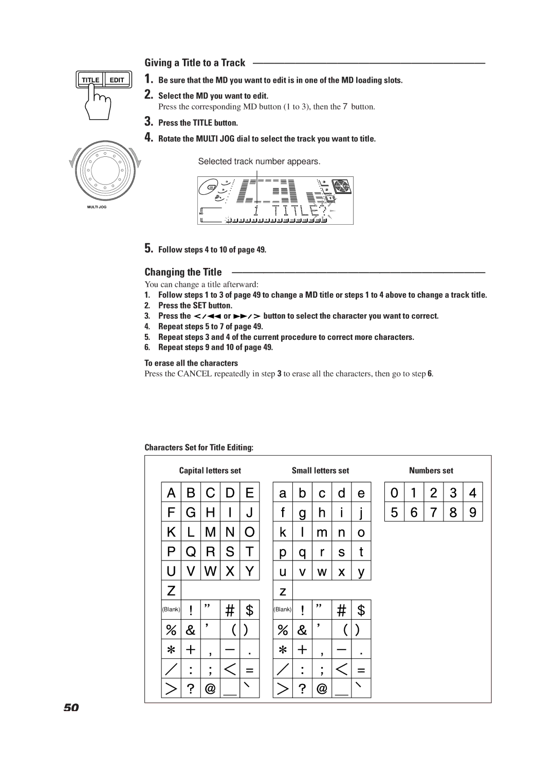 JVC CA-MD9R manual Giving a Title to a Track, Changing the Title, Selected track number appears, Follow steps 4 to 10 