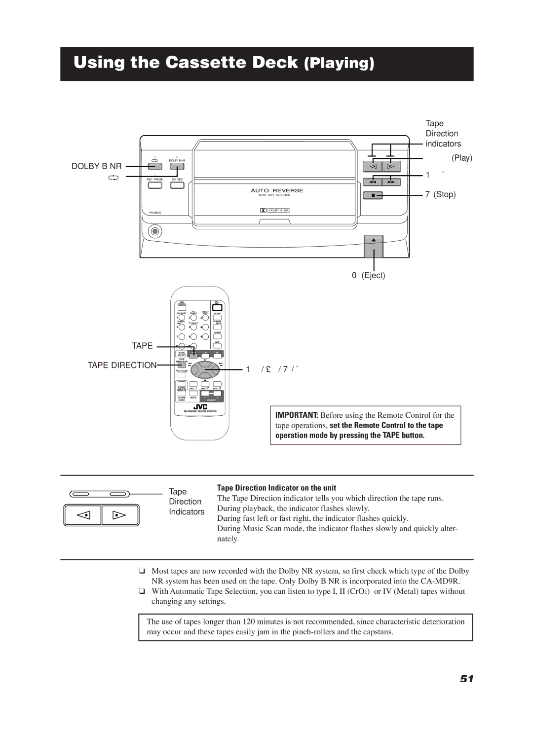 JVC CA-MD9R manual Using the Cassette Deck Playing, Tape Direction Indicator on the unit 