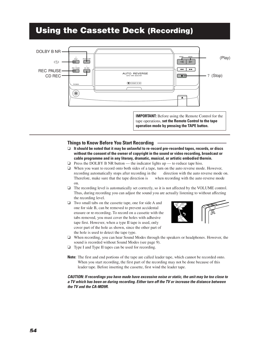 JVC CA-MD9R manual Using the Cassette Deck Recording, ÜPlay Stop 